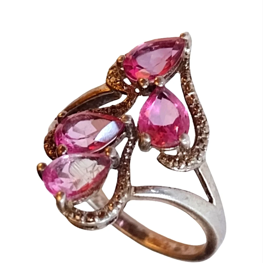 925 Sterling Silver Pink Rhodolite Ring Size 8.5 TGGC Genuine Gemstone Teardrop